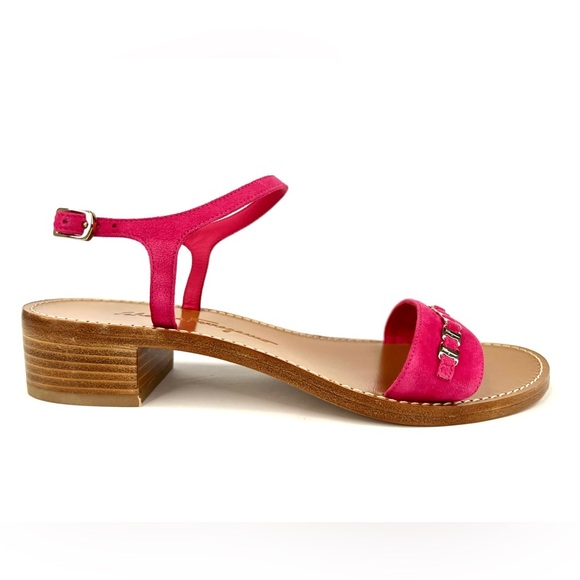 Salvatore Ferragamo Tremiti Gancini Chain Logo Pink Suede Ankle Strap Sandals 7 - Picture 10 of 13